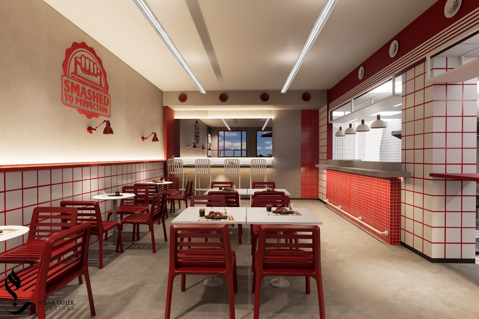 Holy Smash Burger seating area concept render